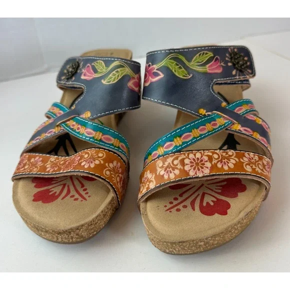 Spring Step L'Artiste Swan Sandals Handpainted Leather Wedge Heel Boho 36 5.5/6 - Picture 10 of 12